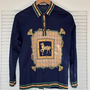 Vintage Hermes Style Horse Motif Equestrian Long Sleeve Top Italian Small MNZ
